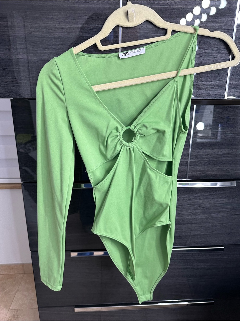 Zara Lime Green One-Shoulder Cutout Ring Bodysuit